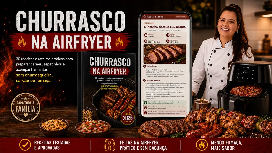 Churrasco na Airfryer — banner com pratos prontos, ebook e Chef Eline